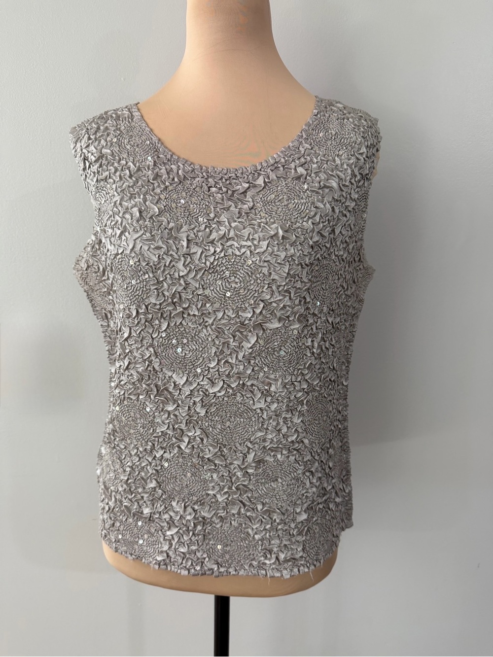 VINTAGE RAFAEL Silver Tan Crinkle Textured Sequin Women's Tank Camisole Blouse